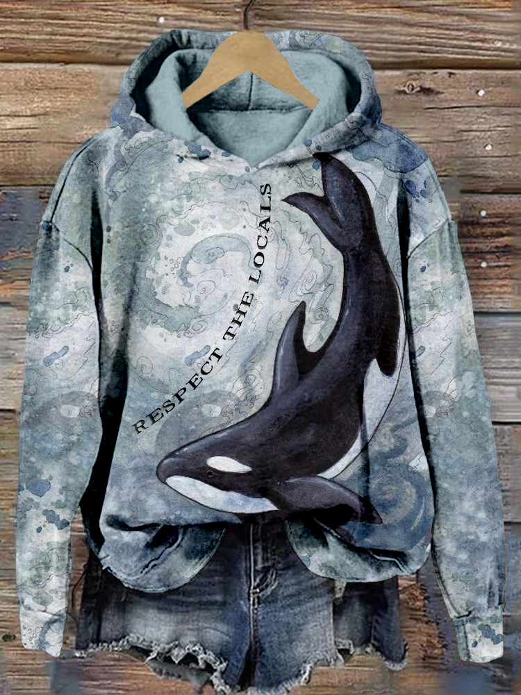 Respect The Locals Embroidered Whales Print Cozy Hoodie