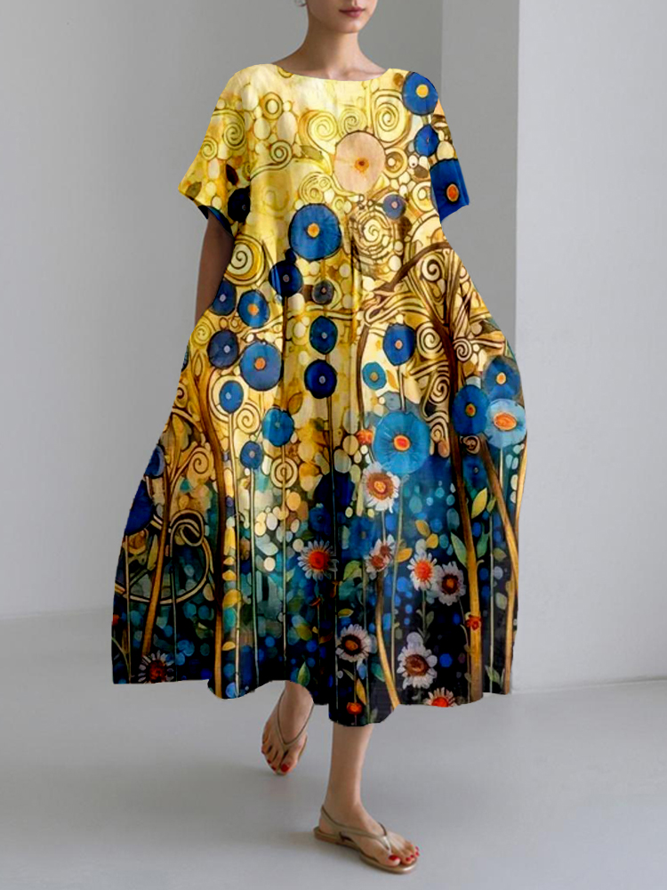 Ukraine Floral Art Painting Linen Blend Maxi Dress