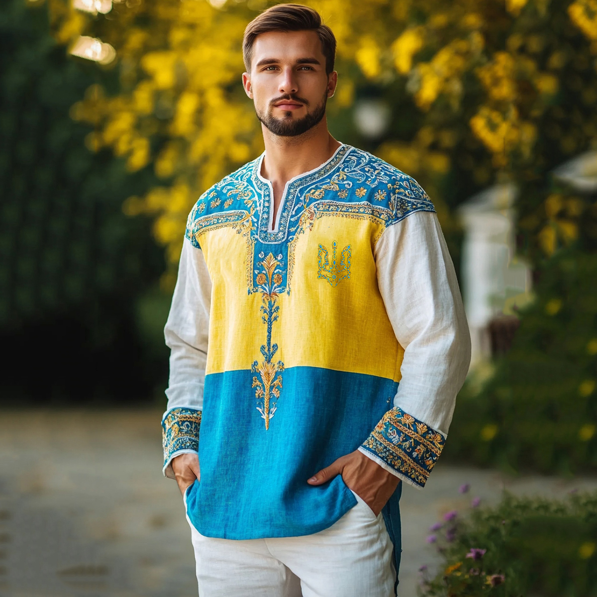 Men's Ukrainian Embroidered Trident Contrast Shirt Men's Ukrainian Embroidered Trident Contrast Shirt