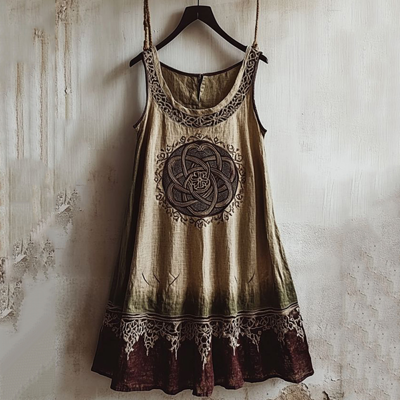 Vintage Viking Totem Color Block Linen Tank Dress Vintage Viking Totem Color Block Linen Tank Dress