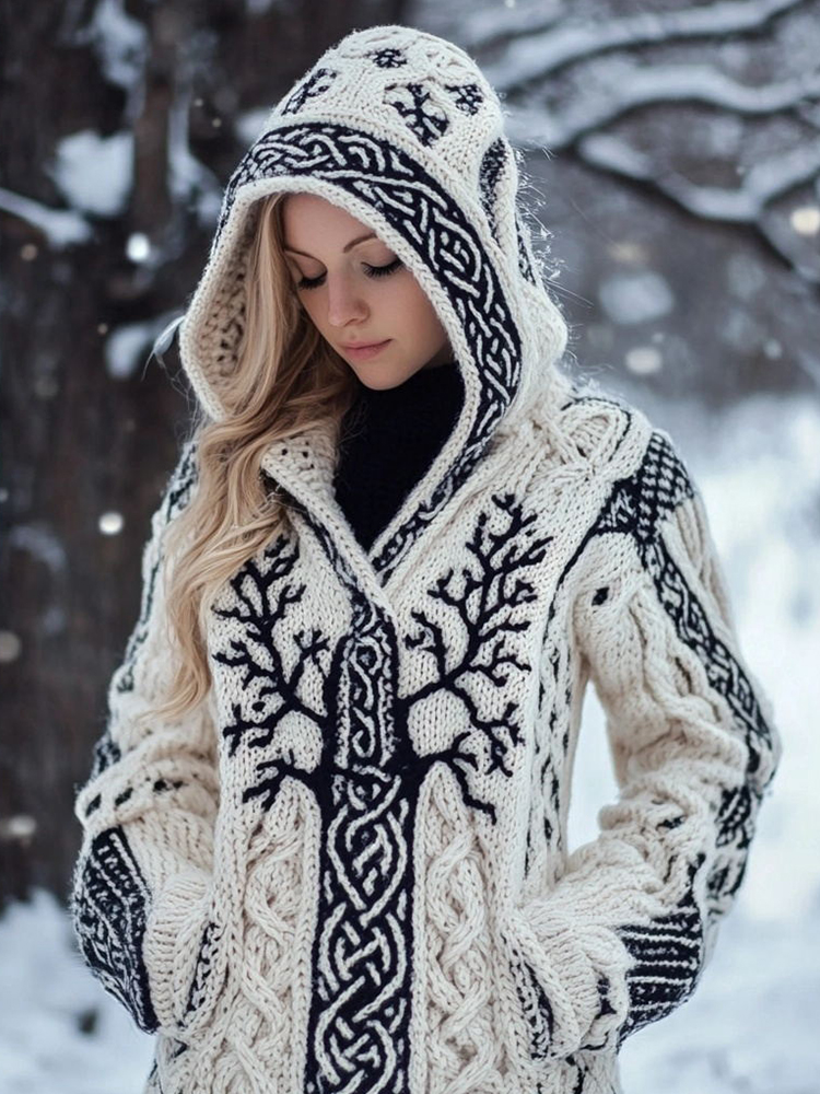 Women's Viking Inspired Celtic Knot Jacquard Knit Hooded Cardigan