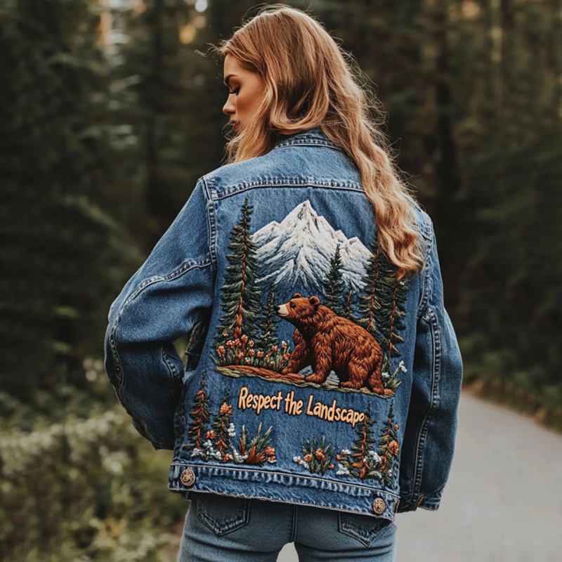 Vintage Landscape Floral And Bear Embroidered Denim Jacket Vintage Landscape Floral And Bear Embroidered Denim Jacket