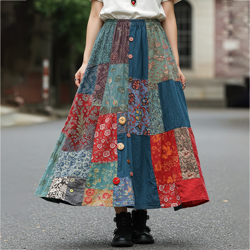 Bohemian Style Colorful Patchwork Ethnic Print Skirt