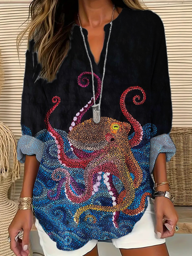 Ocean Octopus Embroidered Thread Stitch Women's Linen Shirt