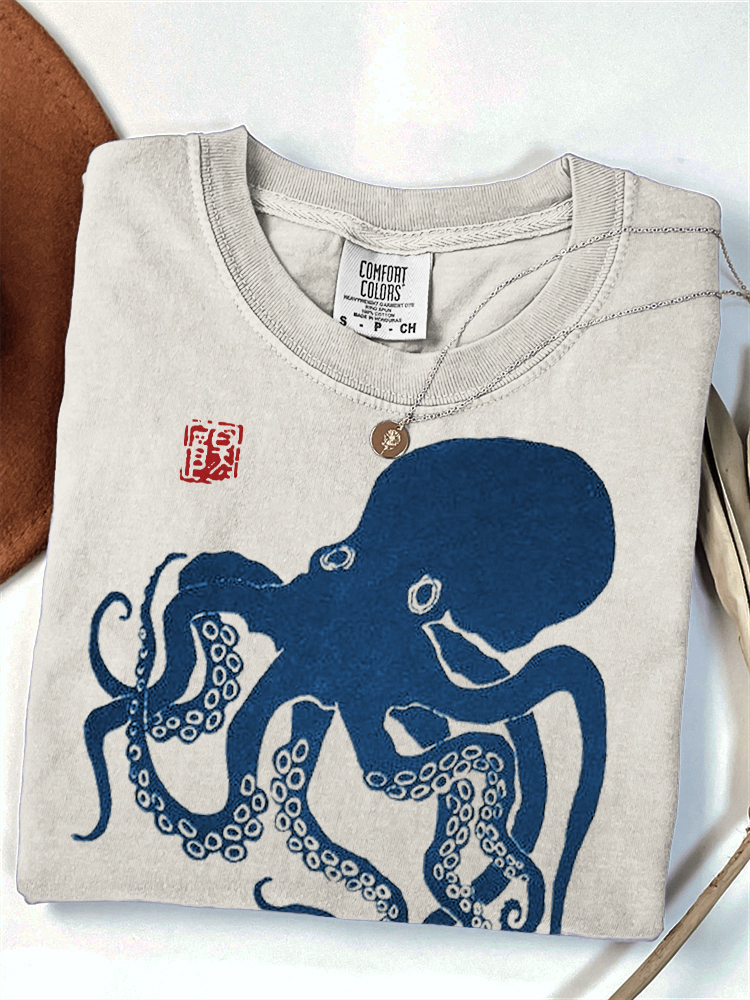 Octopus Japanese Lino Art Comfy T Shirt