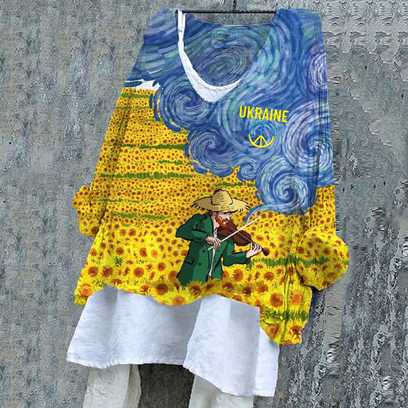 Women's Ukraine Oil Panting Print V-neck Top Women's Ukraine Oil Panting Print V-neck Top