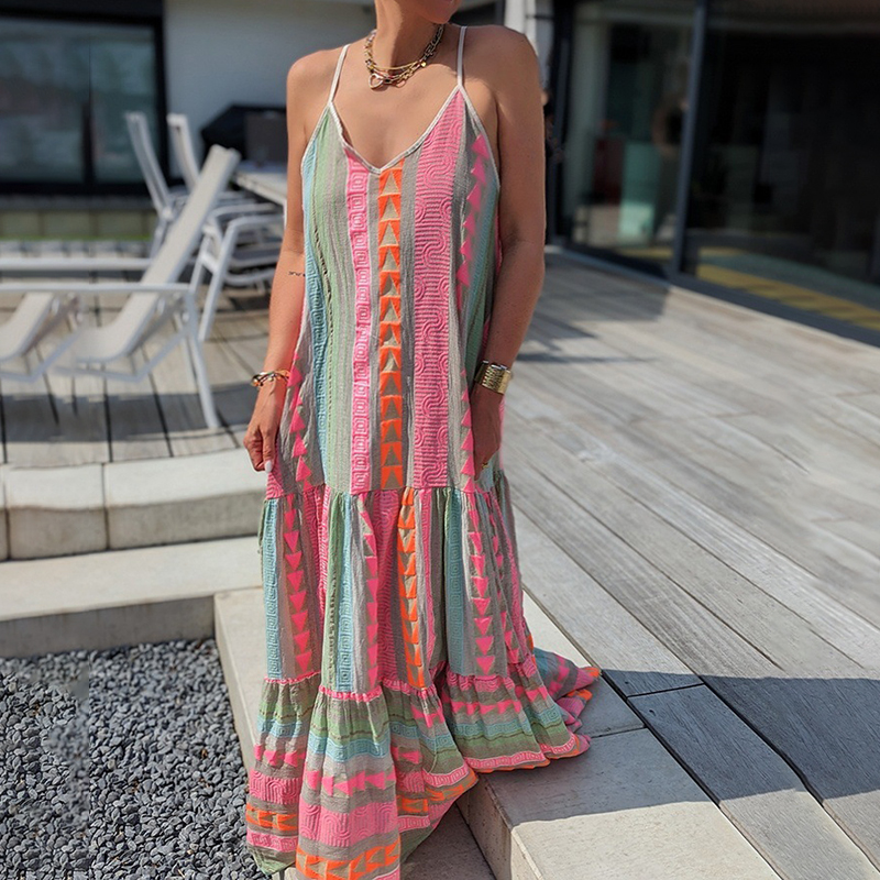 Vintage Geometric Color Block Bohemian Patchwork Sleeveless Colorful Dress Vintage Geometric Color Block Bohemian Patchwork Sleeveless Colorful Dress