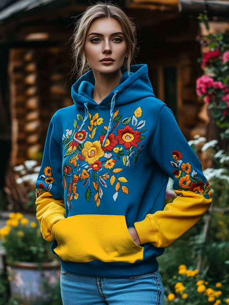 Ukrainian Folk Flower Embroidered Gradient Art Pattern Hoodie