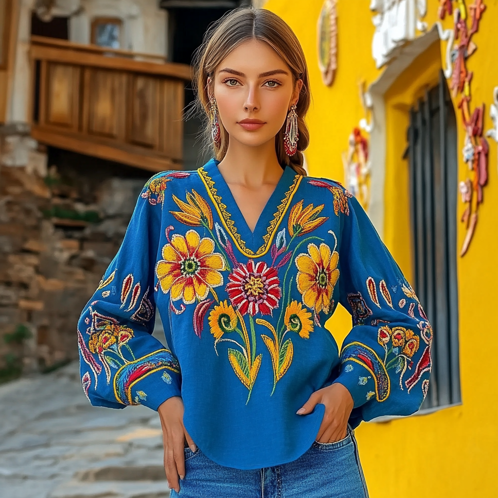 Ukrainian Folk Floral Embroidery Linen V-neck Shirt Ukrainian Folk Floral Embroidery Linen V-neck Shirt