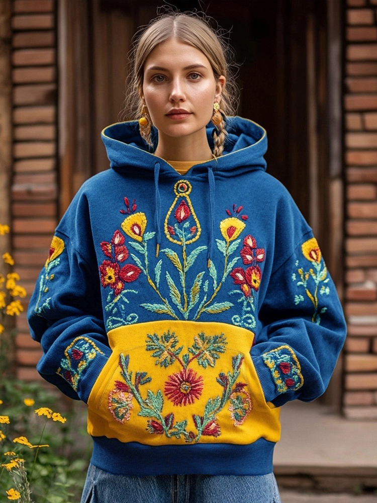 Ukrainian Folk Floral Embroidered Contrast Color Washed Hoodie