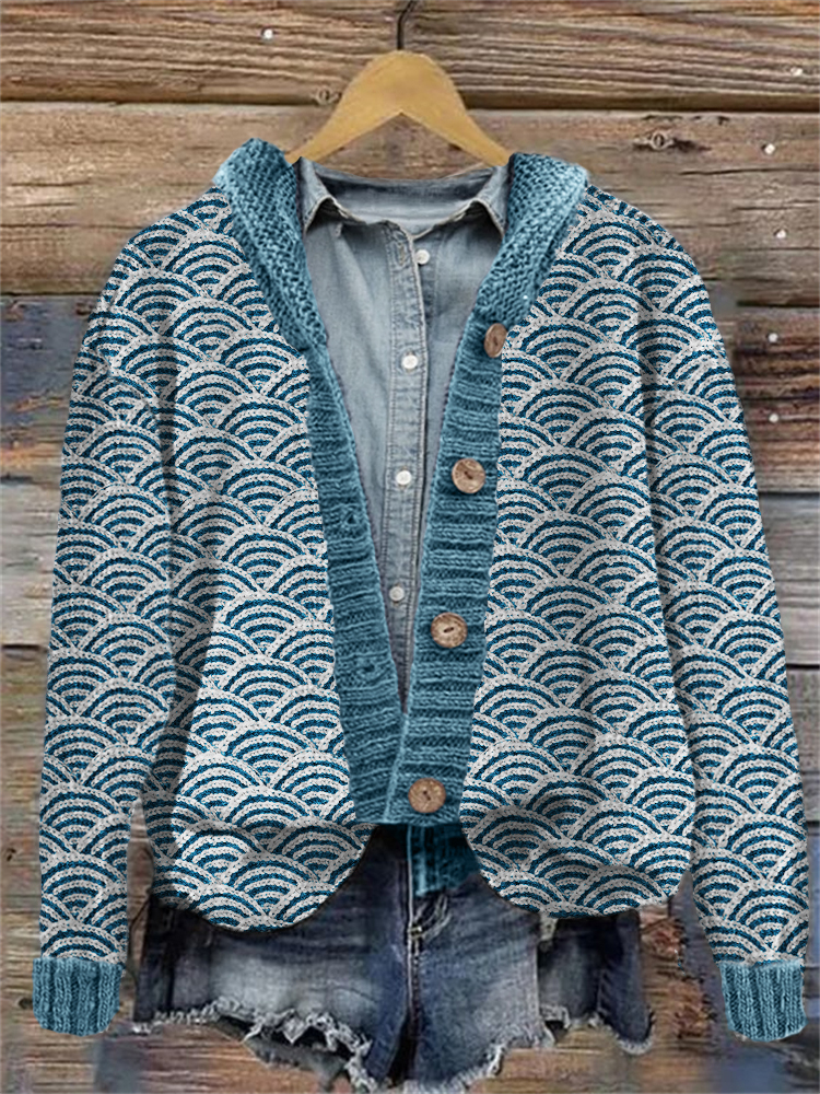Japanese Sea Waves Inspired Knit Art Hooded Cardigan
