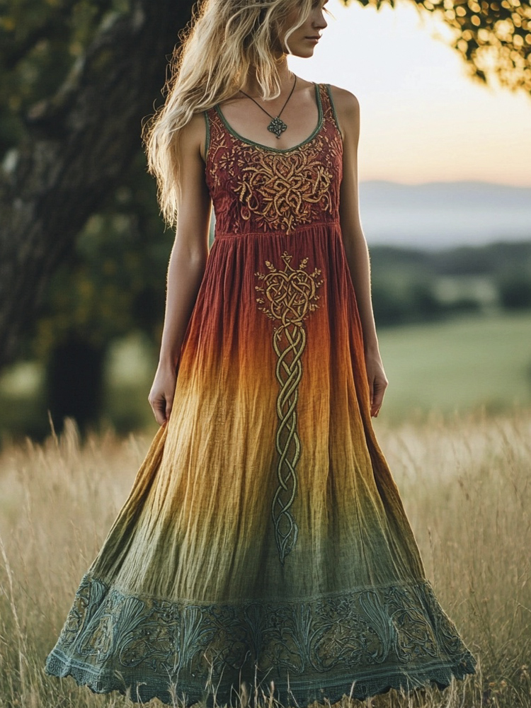 Viking Celtic Knot & Floral Print Women's Vintage Vest Dress