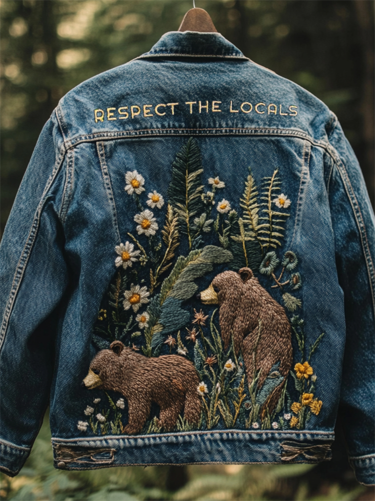 Respect The Locals Bears Floral Embroidered Denim Jacket