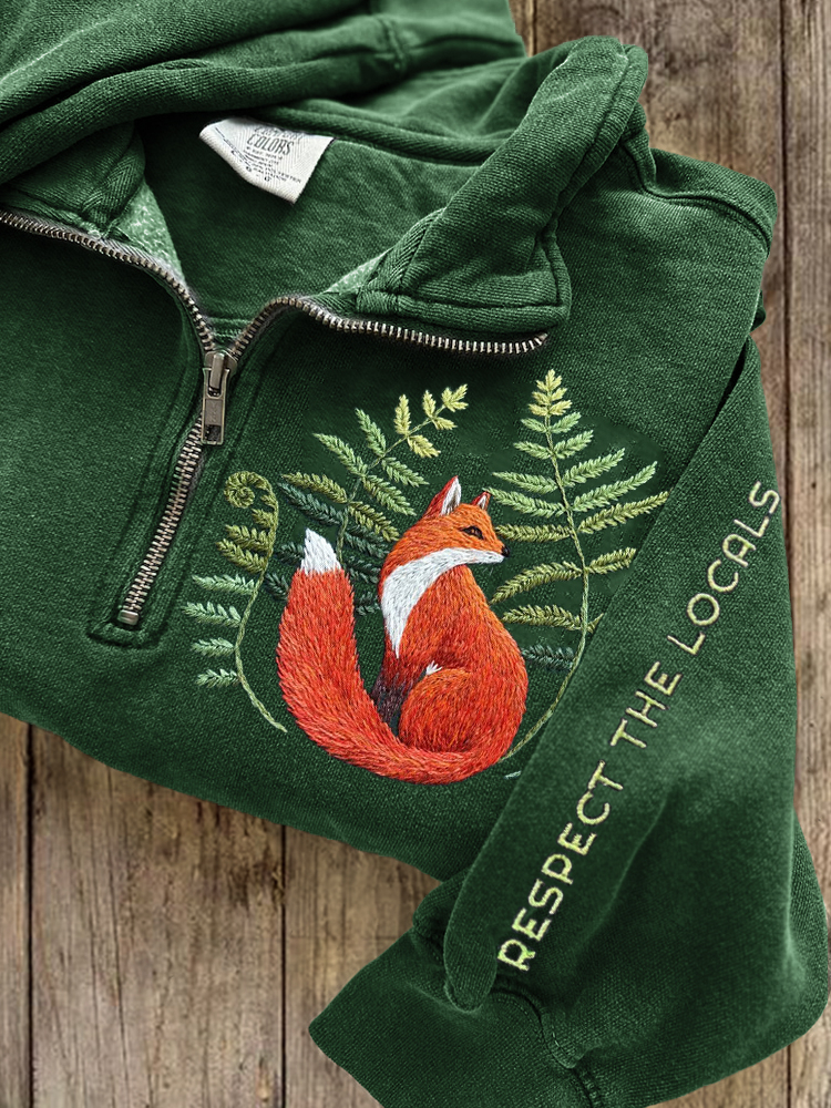 Respect The Locals Fox Fern Embroidered Zip Up Sweatshirt
