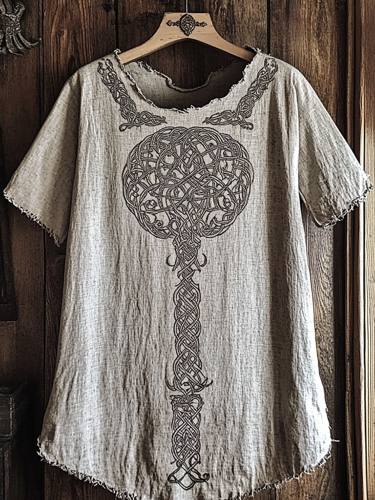 Women's Viking Tribal Tree Of Life Print Linen T-shirt