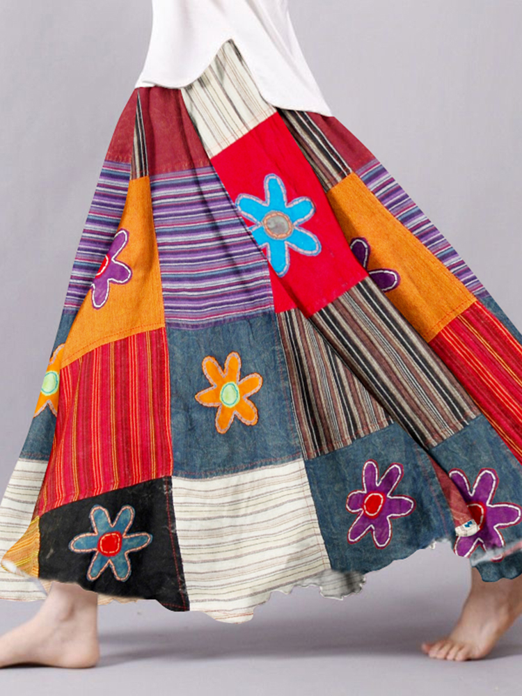 Vintage Bohemian Floral Geometric Patchwork Linen Skirt