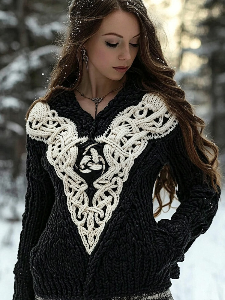 Women's Viking Rune Knit Jacquard Warm V-neck Sweater