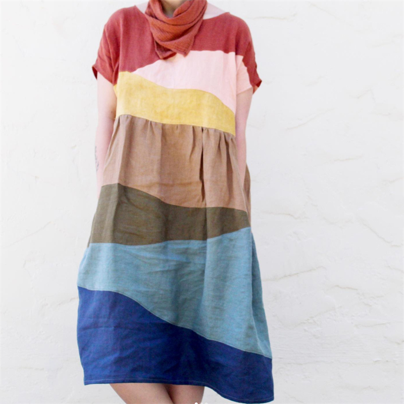 Colorful Earthy Landscape Patchwork Linen Dress Colorful Earthy Landscape Patchwork Linen Dress