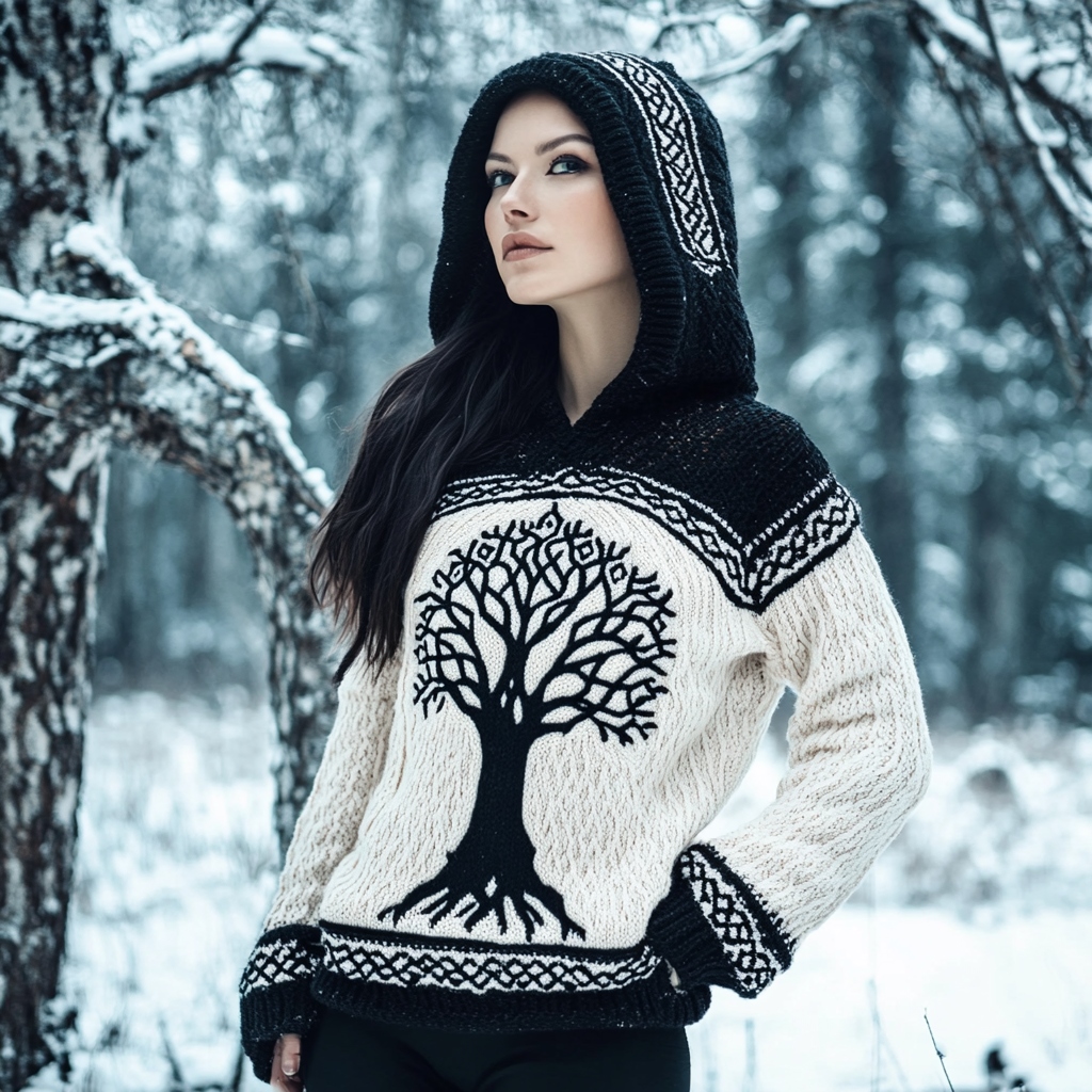 Women's Viking Tree Of Life Contrast Jacquard Cozy Knit Hooded Sweater Women's Viking Tree Of Life Contrast Jacquard Cozy Knit Hooded Sweater