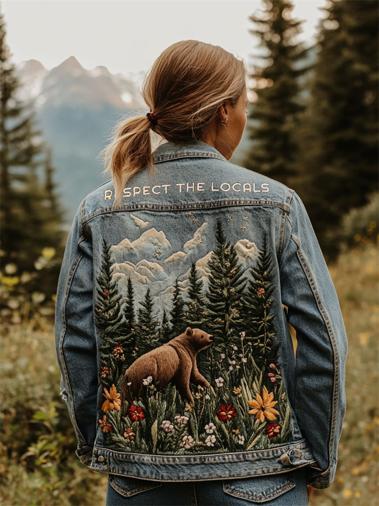 Respect The Locals Bear Landscape Embroidered Denim Jacket