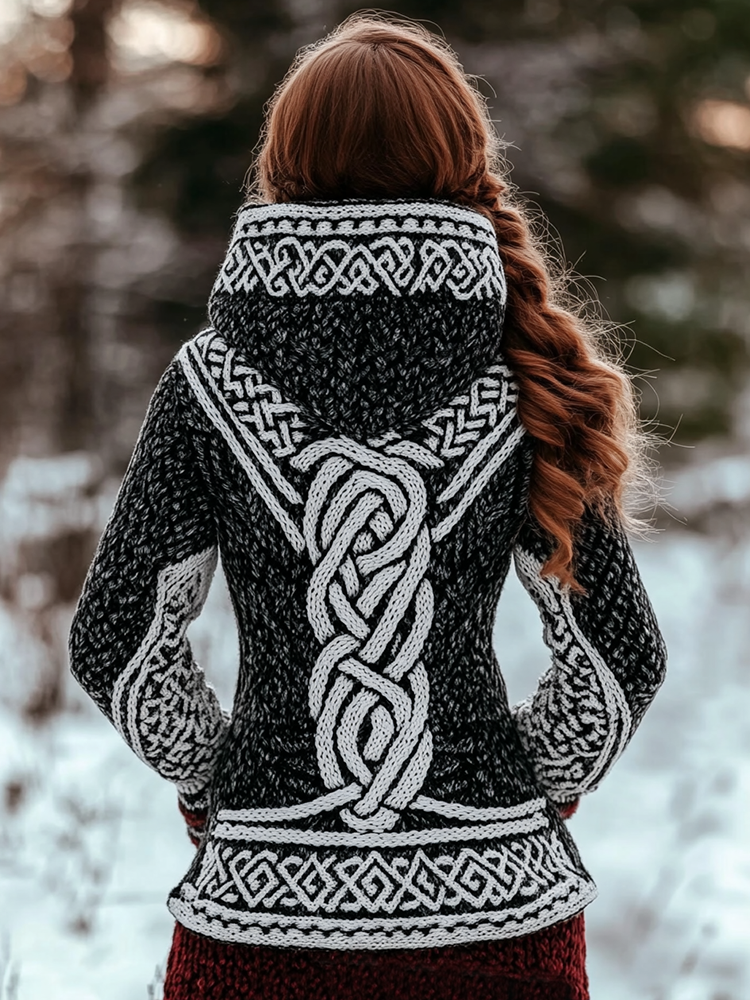 Women's Viking Style Color Block Knitted Jacquard Hooded Sweater