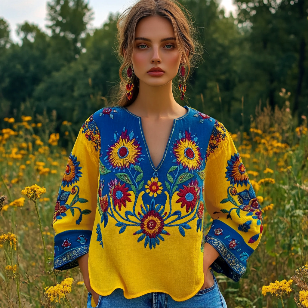 Ukrainian Folk Floral Embroidery V-neck Linen Shirt Ukrainian Folk Floral Embroidery V-neck Linen Shirt