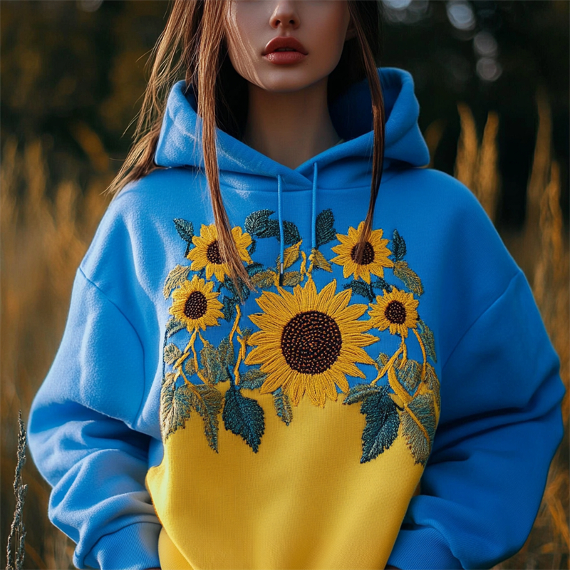 Ukraine Sunflowers Embroidered Contrast Color Hoodie Ukraine Sunflowers Embroidered Contrast Color Hoodie