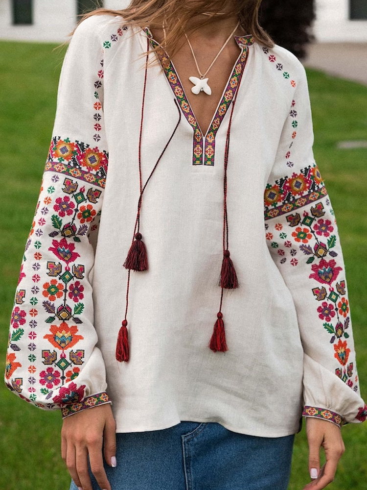 Women's Casual Ukrainian Ethnic Embroidered Long Sleeve Shirt