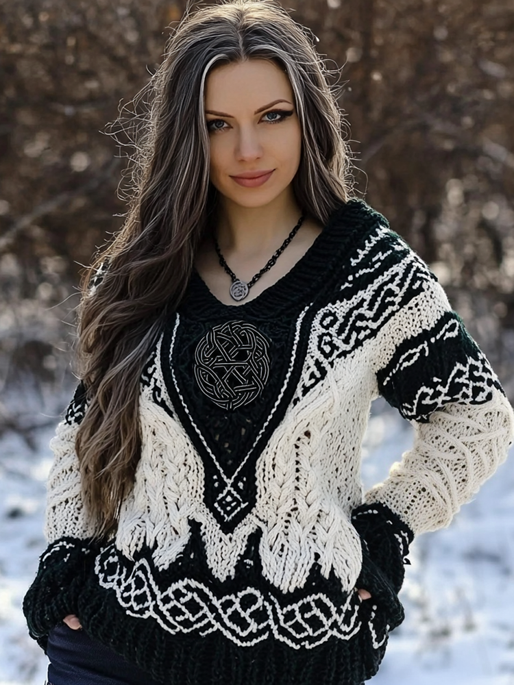 Women's Viking Rune Knit Jacquard V-neck Sweater