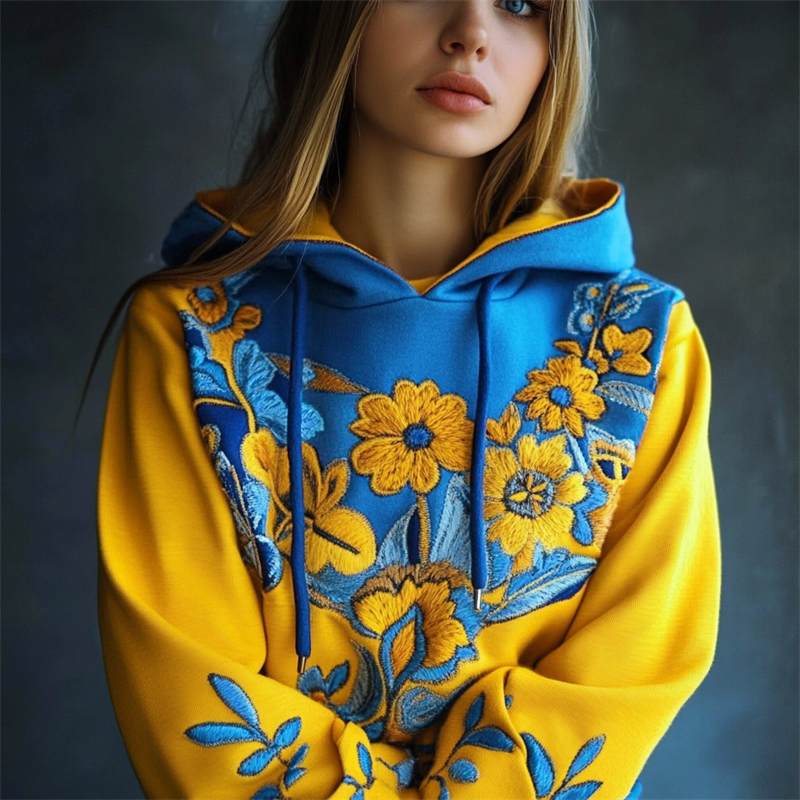 Ukraine Ethnic Floral Embroidered Contrast Color Hoodie