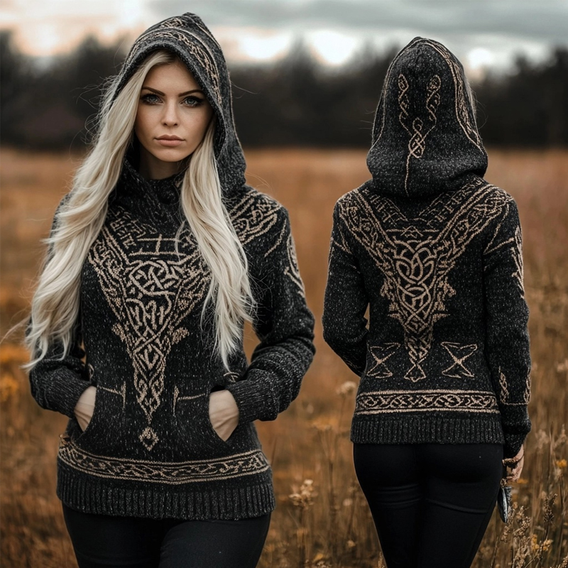 Vintage Viking Vegvisir Celtic Jacquard Hooded Sweater