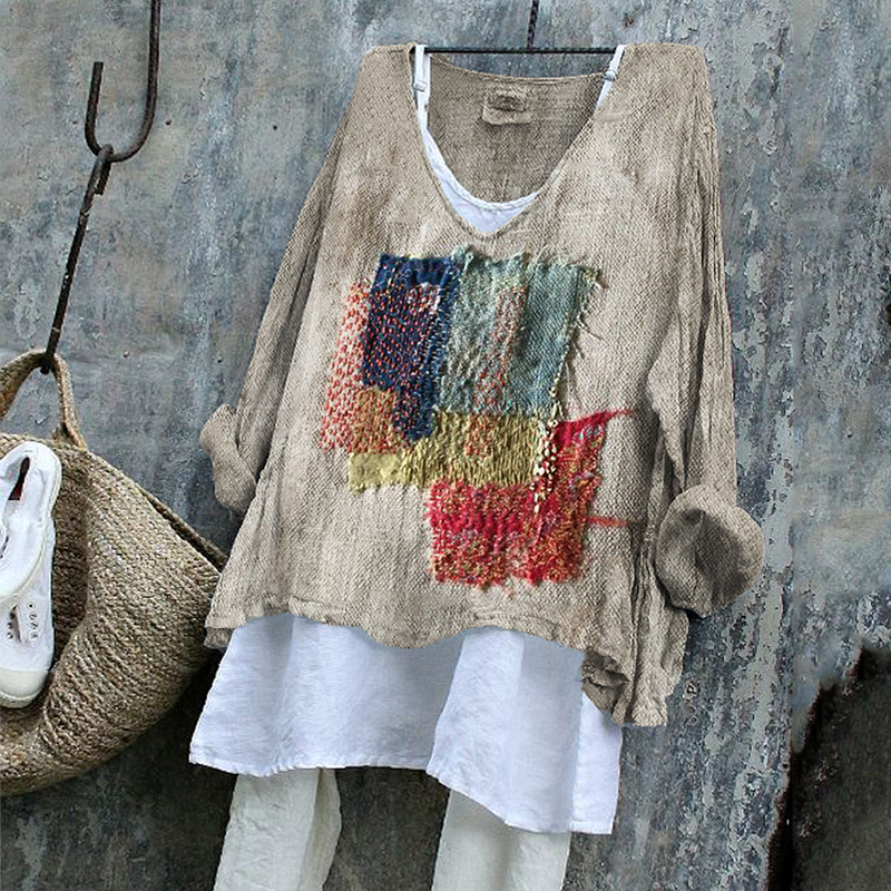 Colorful Patch Japanese Sashiko Art Linen Blend Tunic Colorful Patch Japanese Sashiko Art Linen Blend Tunic