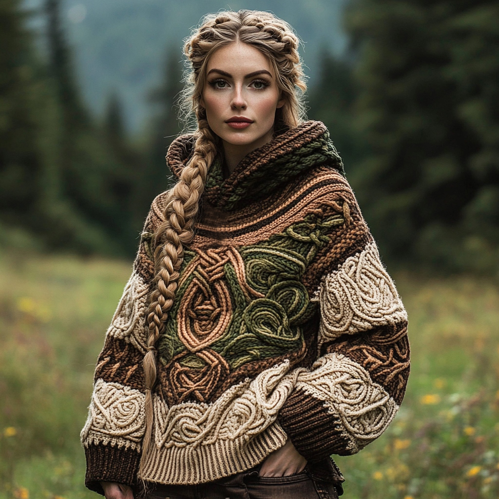 Women's Vintage Celtic Knot Jacquard Hooded Sweater Women's Vintage Celtic Knot Jacquard Hooded Sweater