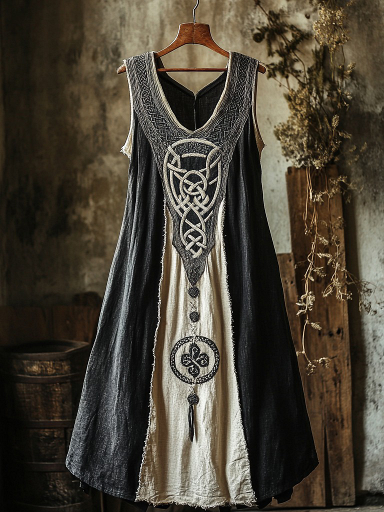 Tribal Celtic Embroidery Patchwork Art Linen Tank Dress