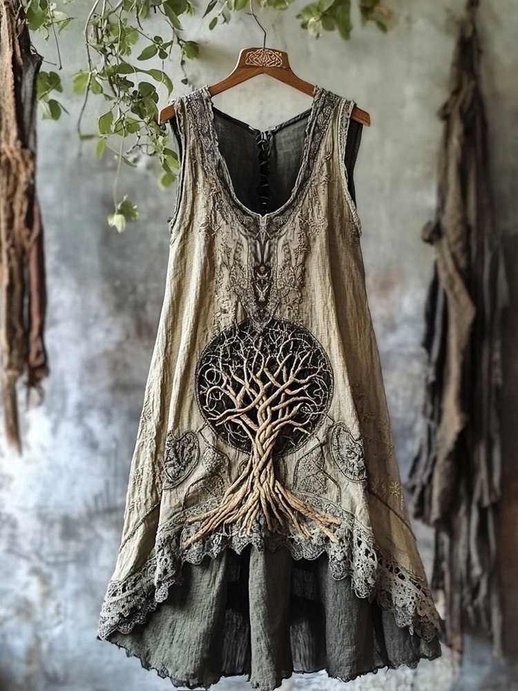 Tribal Life Of Tree Celtic Embroidery Art Linen Tank Dress