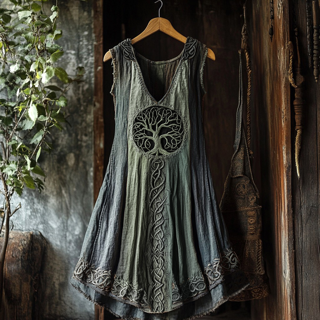 Tribal Viking Colorful Gradient Tree Of Life Lace Art Linen Tank Dress Tribal Viking Colorful Gradient Tree Of Life Lace Art Linen Tank Dress