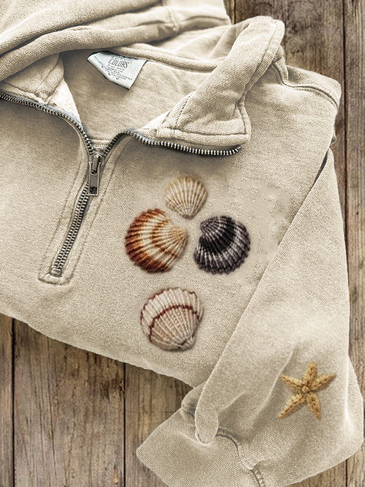 Beach Seashells & Starfish Embroidered Zip Up Sweatshirt