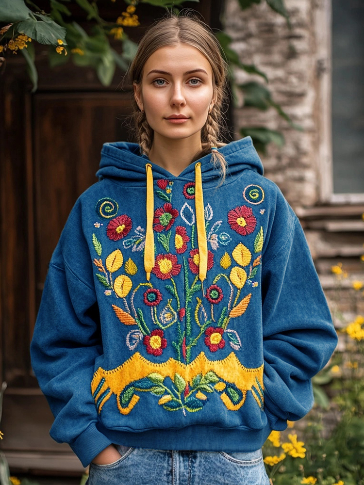 Ukrainian Folk Floral Embroidered Vintage Comfy Hoodie