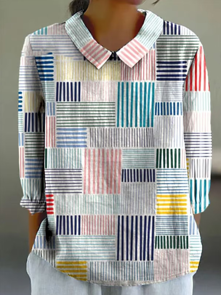 Women's Abstract Geometric Line Art Print Design Lapel Shirt