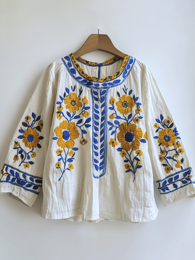 Ethnic Floral Embroidery Art Women's Linen Shirt