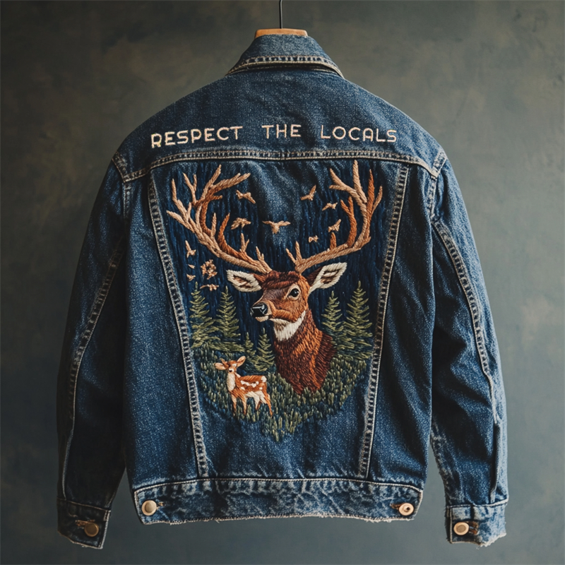 Respect The Locals Forest Deer Embroidered Denim Jacket Respect The Locals Forest Deer Embroidered Denim Jacket