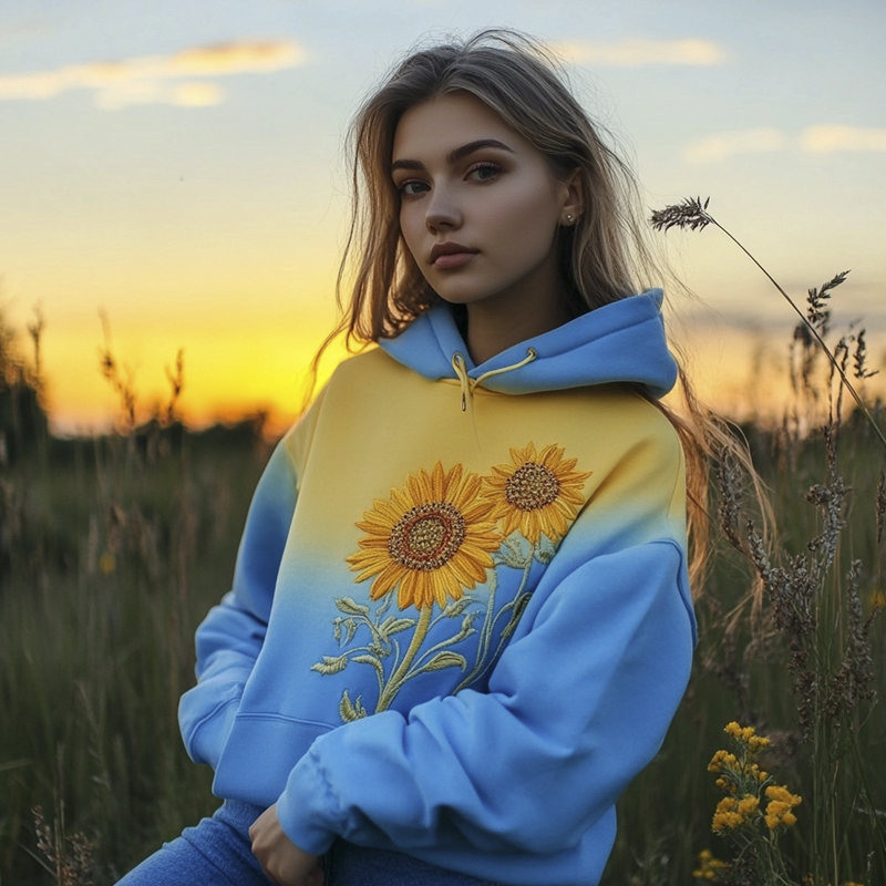 Ukrainian Sunflower Embroidery Yellow And Blue Gradient Women's Hoodie Ukrainian Sunflower Embroidery Yellow And Blue Gradient Women's Hoodie
