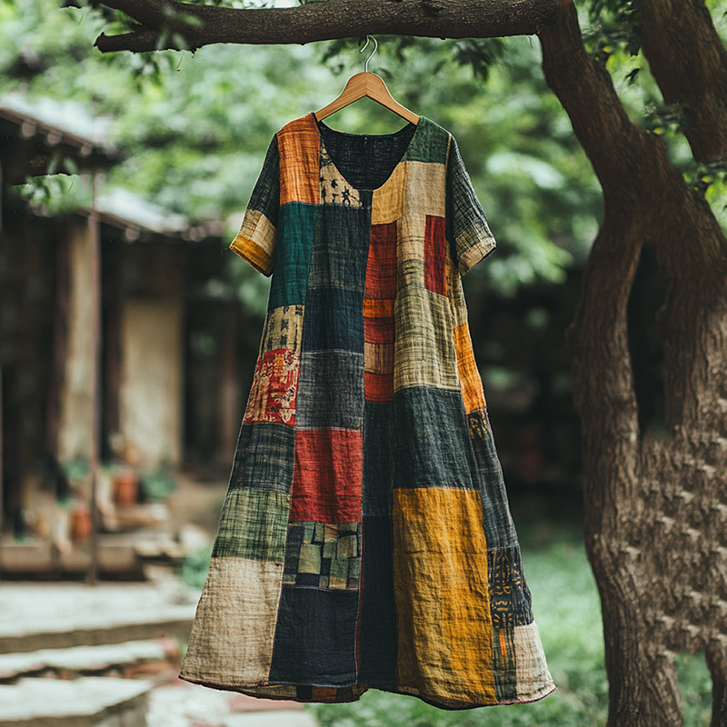 Vintage Color Block V Neck Linen Blend Midi Dress Vintage Color Block V Neck Linen Blend Midi Dress