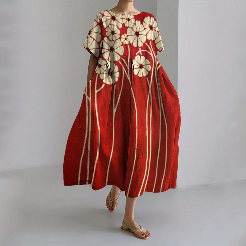 Classy Flowers Japanese Art Linen Blend Maxi Dress Classy Flowers Japanese Art Linen Blend Maxi Dress