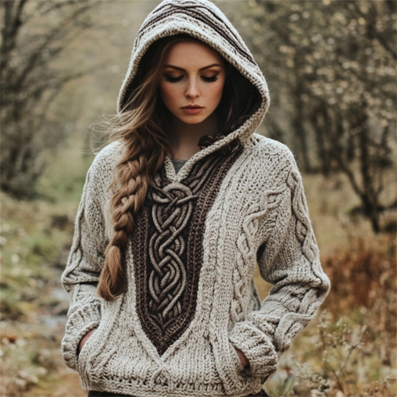 Vintage Celtic Contrast Color Chunky Cozy Hooded Sweater