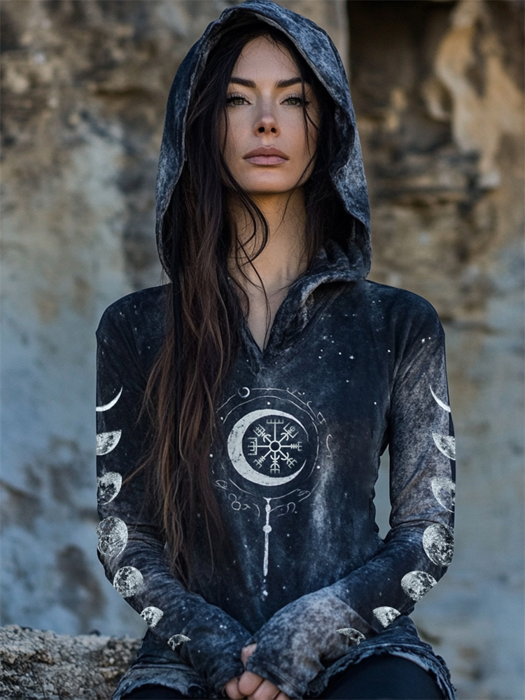Viking Vegvisir Moon Phase Mystical Handmade Hoodie