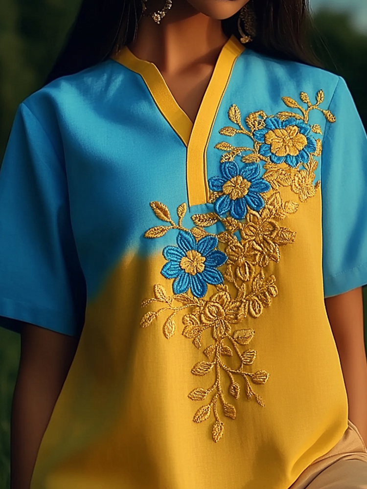 Ukrainian Ethnic Floral Embroidery Gradient Linen Women's Shirt