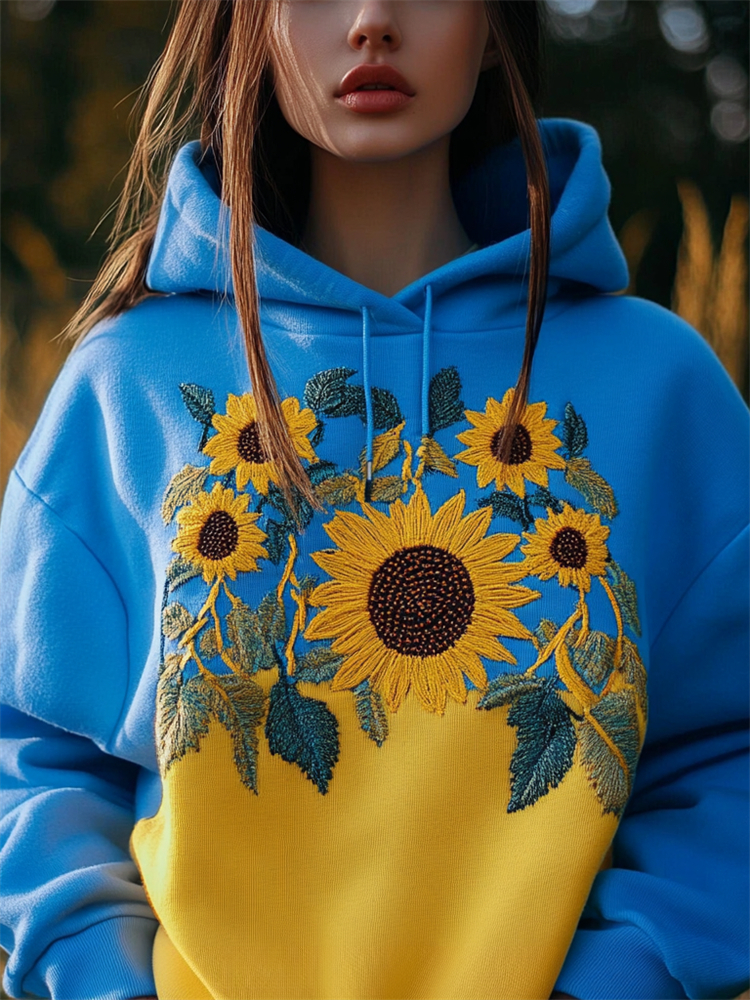 Ukraine Sunflowers Embroidered Contrast Color Hoodie