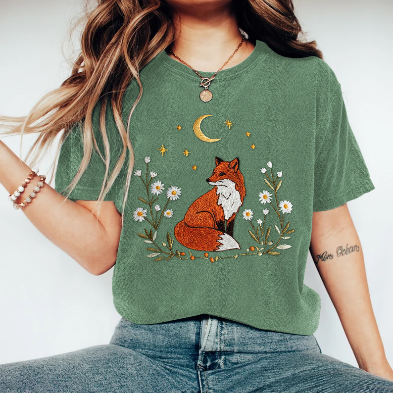 Vintage Fox Embroidered Comfy T Shirt Vintage Fox Embroidered Comfy T Shirt
