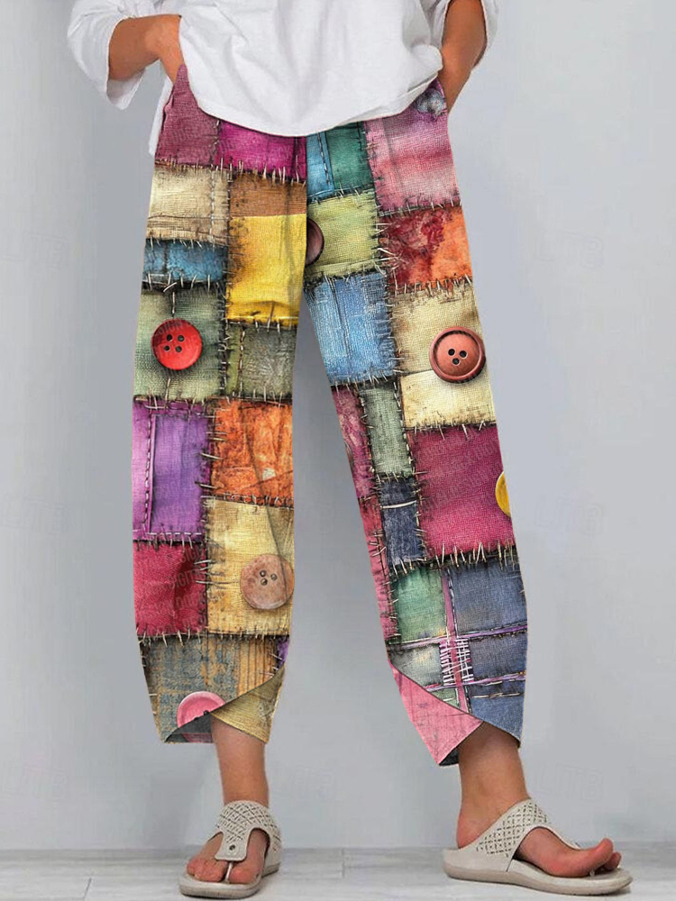 Women's Boho Multicolor Patchwork Art Linen Blend Pants